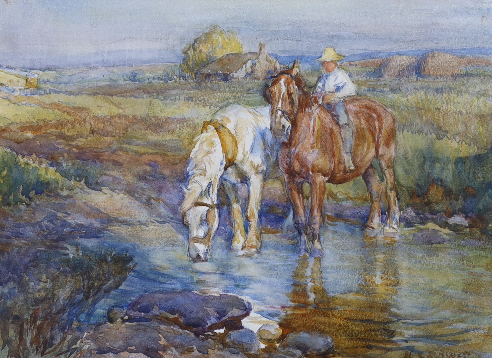 Harold Septimus Power (New Zealand, official war artist WWI 1877-1951), watercolour, Two work horses at a stream, signed, 27cm x 19cm